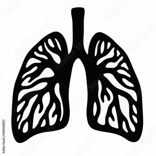 Black and white silhouette of lungs on white background, health symbol
