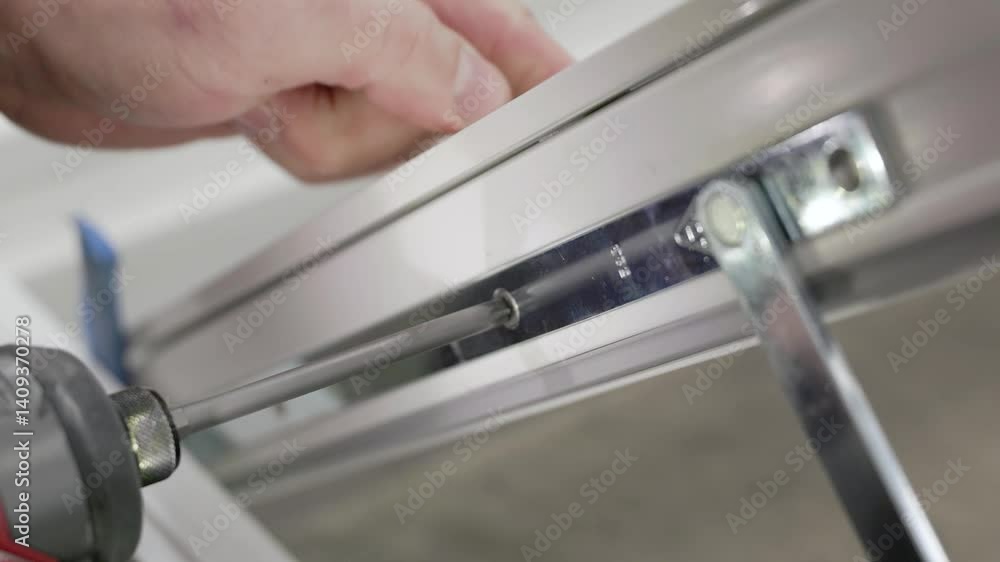 A close-up view of a worker's hand using a screwdriver to fasten a screw into a metal frame hinge, showcasing precision, manual labor, and assembly process A close-up view of a worker's hand using a screwdriver to fasten a screw into a metal frame hinge, showcasing precision, manual labor, and assembly process