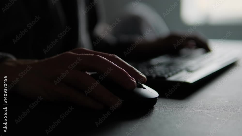 Close-up of man hand using a computer mouse in home office setup, highlighting remote work process and focused freelancing routine in natural low light environment