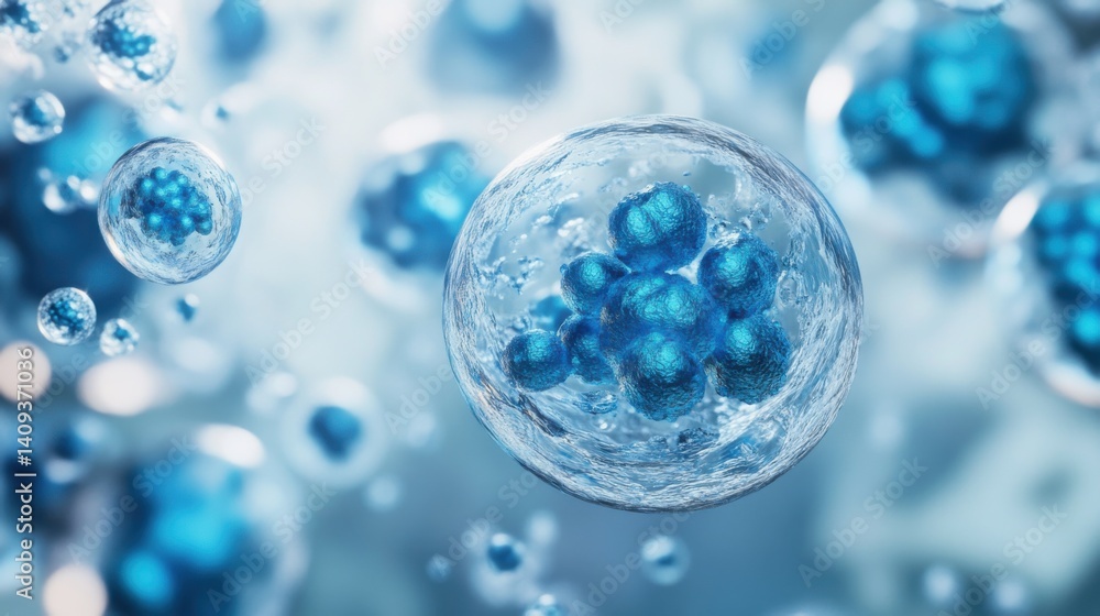 A microscopic view of blue cells with transparent outer layers floating in a light blue space A microscopic view of blue cells with transparent outer layers floating in a light blue space