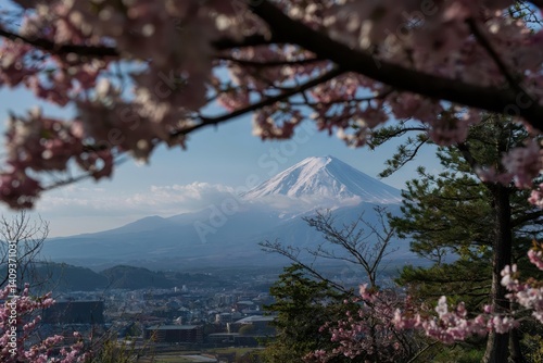 Cherry blossoms framing mount fuji japan landscape photography serene environment scenic view nature's beauty