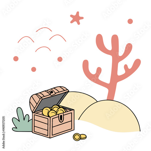 Cartoon treasure chest with coins in a coral landscape  