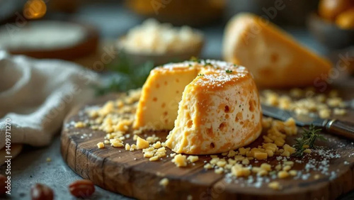 Yellow cheese on the wooden board. 