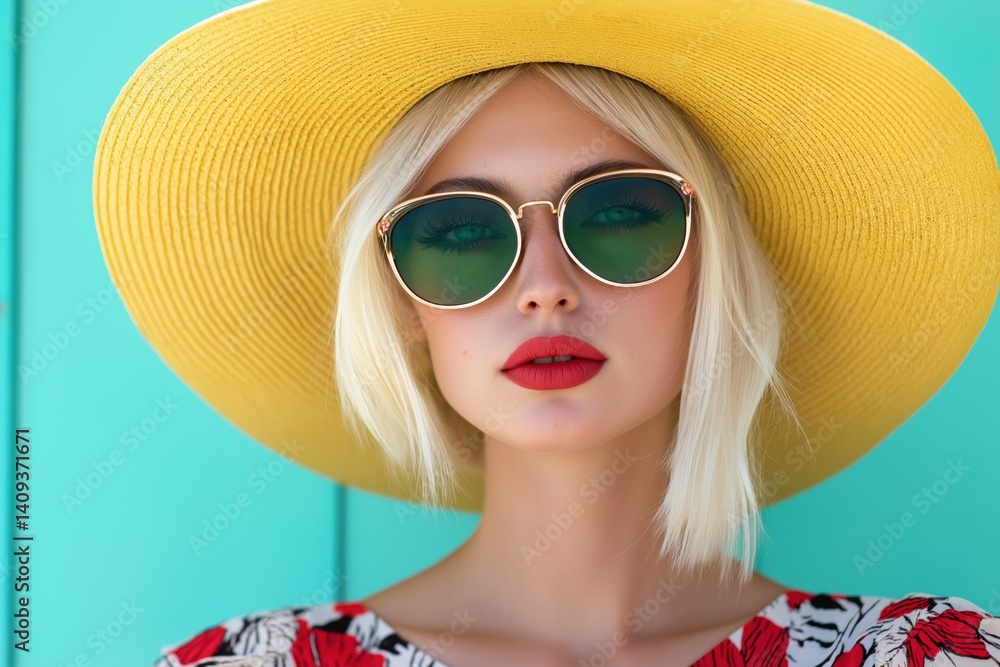 Fototapeta premium A blonde woman wearing a yellow hat and sunglasses. She is wearing a red dress and a red lipstick