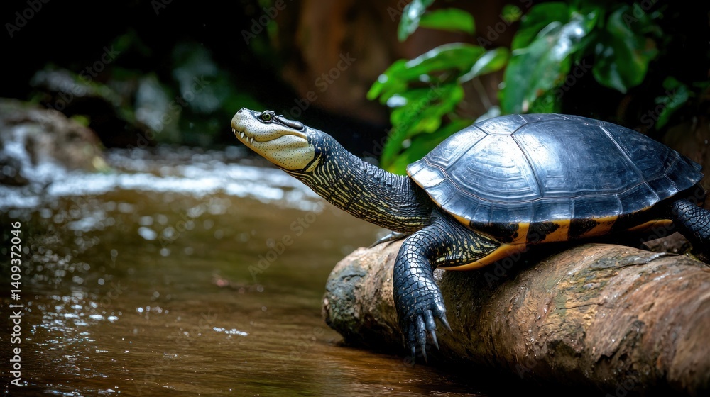 Fototapeta premium Turtle basking on log by stream in rainforest
