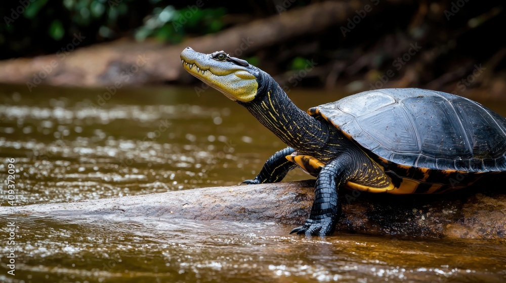 Crocodile Turtle basking, rainforest river Crocodile Turtle basking, rainforest river