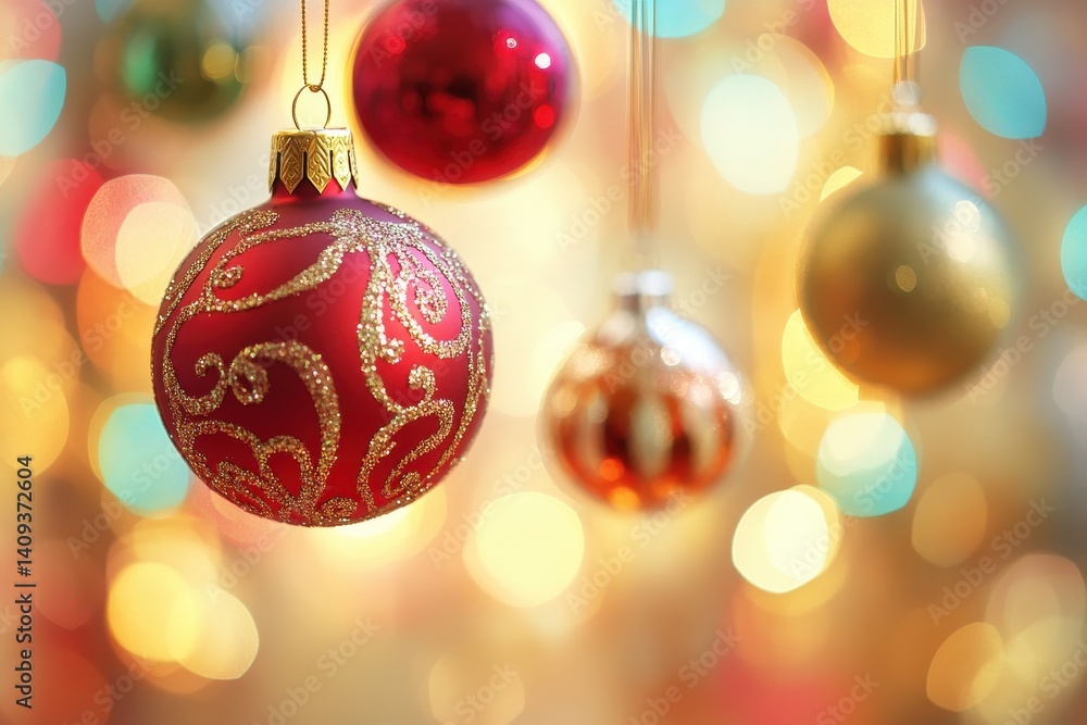 Fototapeta premium Christmas Ornament Background. Festive Christmas Balls Hanging on Blurred Festive Decor Background