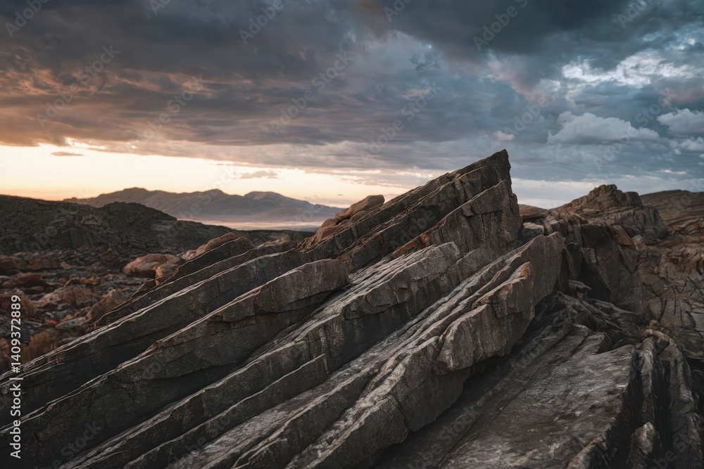 Fototapeta premium Dramatic sunset over jagged rocks mountain range landscape photography nature scenic view tranquil atmosphere