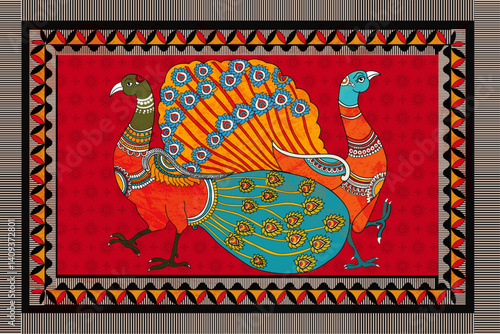Vector Illustration Of Dancing Peacock Madhubani art , Indian traditional wall Decor illustration.