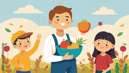 A young boy only 10 or 11 years old helps his family with the harvest his small hands nimble and his face beaming with pride and responsibility.. Vector illustration