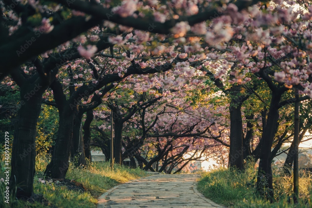 Naklejka premium Cherry blossom blooming path scenic park nature photography tranquil environment serene viewpoint beauty in nature