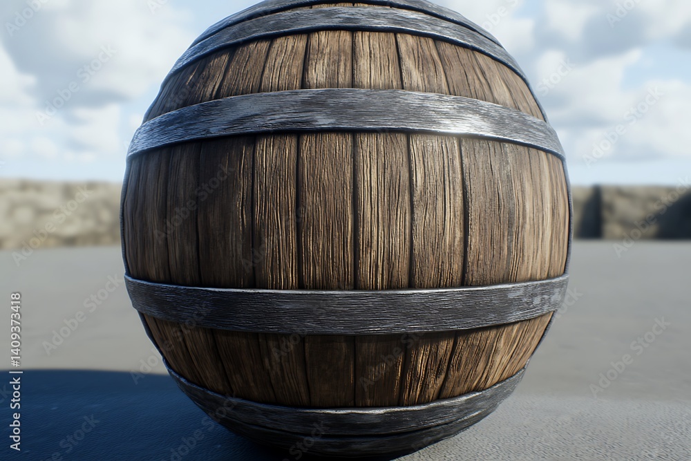 Rustic wood barrel detailed image capturing aged metal bands texture close up Rustic wood barrel detailed image capturing aged metal bands texture close up
