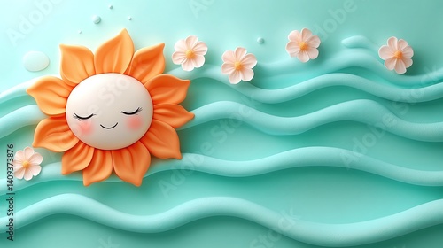 Generative AI Image of Happy Cute Sun Sunflower with Flower and Waves on Green Background