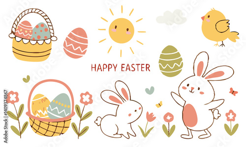 Cute Easter Illustration With Bunnies Eggs Flowers And Sun For Festive Celebrations