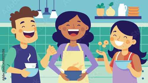 As the Sopa Paraguaya bakes the kitchen is filled with the sound of lively conversation and laughter a common occurrence during its preparation.. Vector illustration