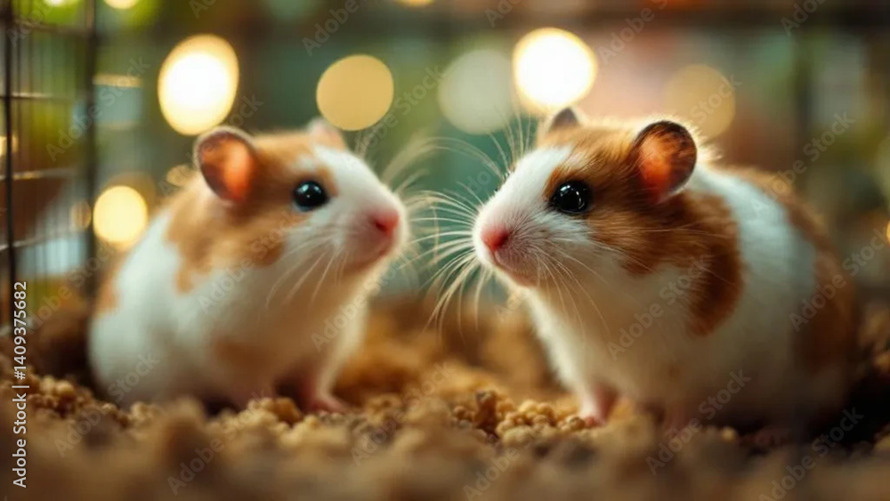 Two brown and white hamsters in the cage. Close up.