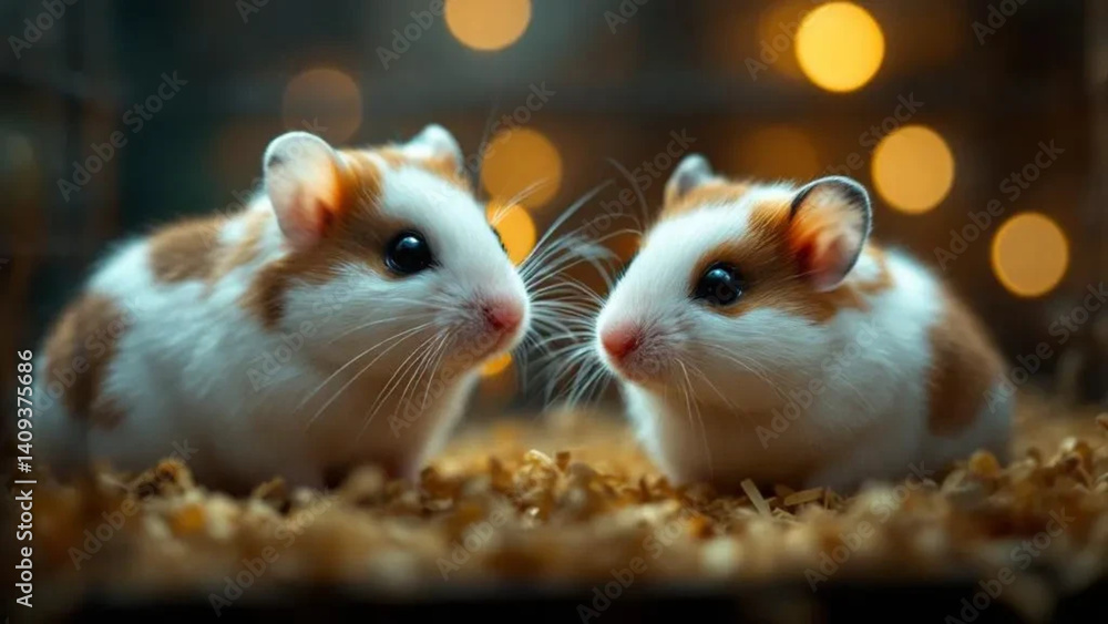 Two brown and white hamsters in the cage. Close up.