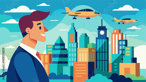 A visionary city planner gazes out over the bustling metropolis smiling with satisfaction as a fleet of eVTOL air taxis zoom by their sensors playing a crucial role in shaping a. Vector illustration