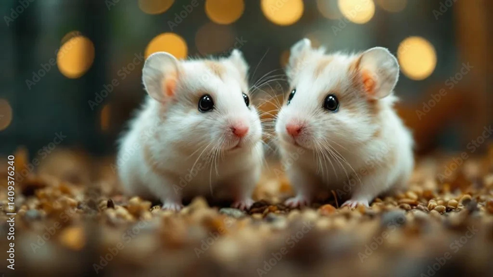 Two brown and white hamsters in the cage. Close up.