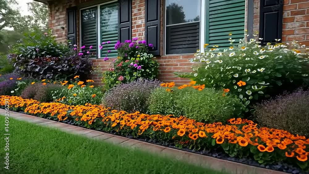 Vibrant flower garden in front of a brick house with colorful blooms and green foliage Vibrant flower garden in front of a brick house with colorful blooms and green foliage