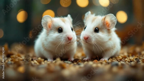 Obraz na płótnie Two brown and white hamsters in the cage. Close up. w salonie