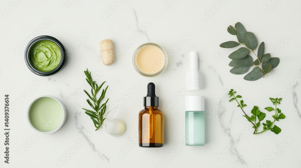 Flat lay of high-end skincare in frosted glass and matte ceramic containers, marble background and clean shadows Flat lay of high-end skincare in frosted glass and matte ceramic containers, marble background and clean shadows