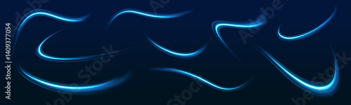 Blue glowing shiny lines. Neon color glowing lines background, high-speed light trails effect. Modern abstract high-speed light motion effect on black background.