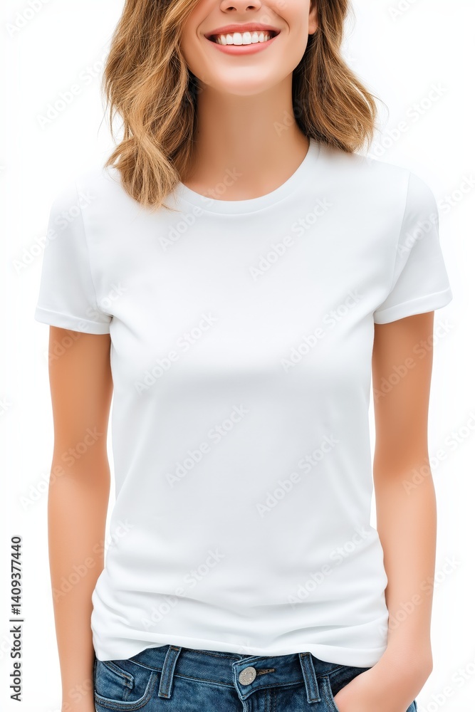 Close-up of a smiling woman in a white t-shirt showcasing casual style against a clean, white background, ideal for fashion or lifestyle themes in modern stock photography. Close-up of a smiling woman in a white t-shirt showcasing casual style against a clean, white background, ideal for fashion or lifestyle themes in modern stock photography.