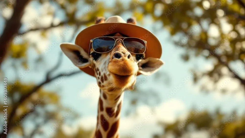 Funny giraffe with sunglasses and a hat.