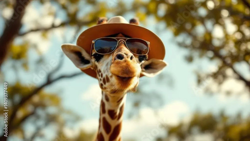 Obraz na płótnie Funny giraffe with sunglasses and a hat. w salonie