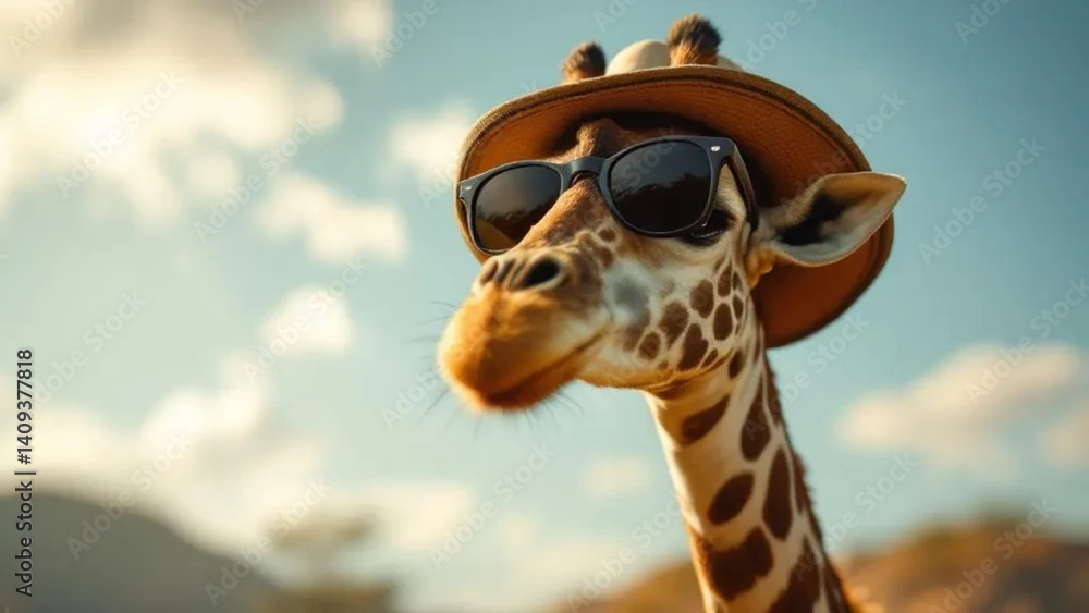 Funny giraffe with sunglasses and a hat.