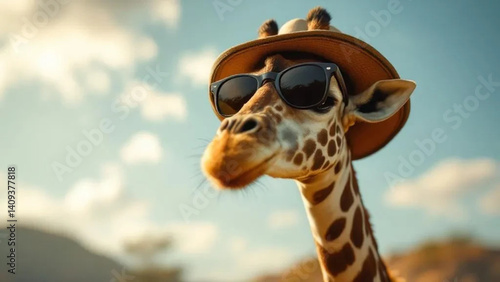 Obraz na płótnie Funny giraffe with sunglasses and a hat. w salonie