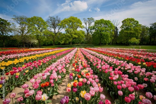 Vibrant tulip fields blooming in spring keukenhof gardens floral photography outdoor park aerial view nature's beauty