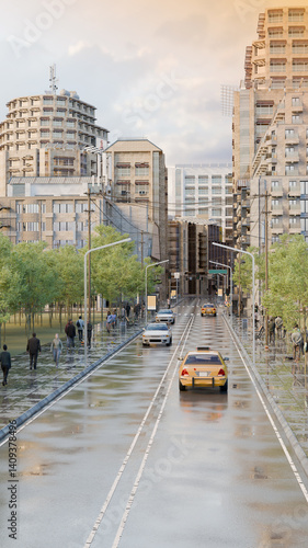 3d render of lively city with people car and tower building