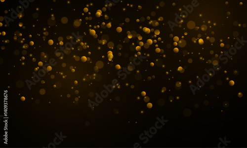 Magic golden bokeh lights fall like powder through the air, glowing with elegance. Fine particles twinkle delicately. A gentle and festive element for overlays or backgrounds.