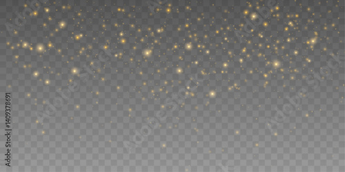Magic golden bokeh lights fall like powder through the air, glowing with elegance. Fine particles twinkle delicately. A gentle and festive element for overlays or backgrounds.
