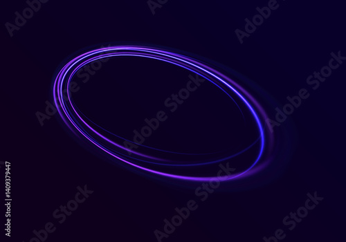 Radiant neon circles swirl through a dark space, creating a mesmerizing energy tunnel. Glowing particles follow the curves, adding motion. Perfect for futuristic visual concepts.