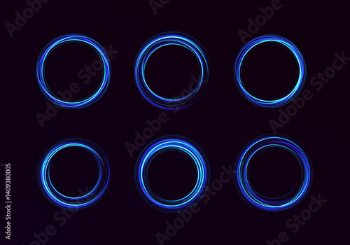 Circular lens rings pulse with shimmering light, blending 3D effects and glitter. Transparent neon trails enhance the depth. Use this modern vector style in digital artwork.