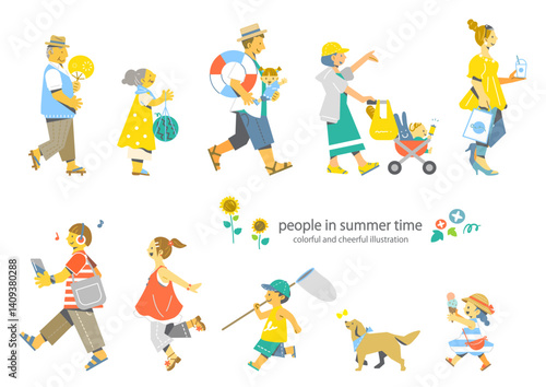 夏を喜ぶいろいろな人々　カラフルで楽しいフラットイラスト