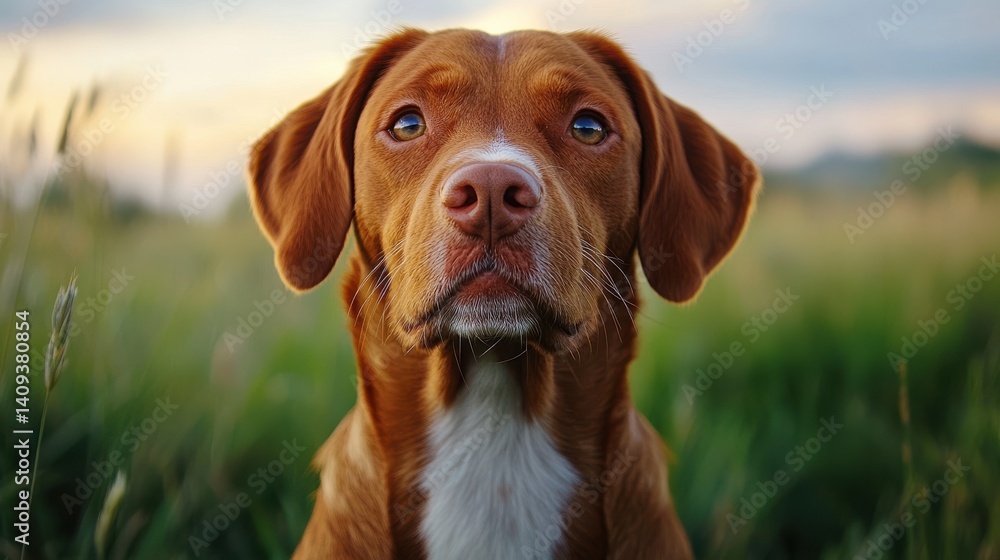 A serene moment with a brown dog gazing thoughtfully in a lush green meadow at sunset A serene moment with a brown dog gazing thoughtfully in a lush green meadow at sunset