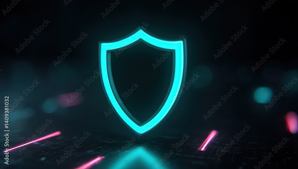 Fototapeta premium A glowing shield symbol representing digital security stands out against a dark, futuristic background filled with neon light streaks. This visual emphasizes themes of protection and technology
