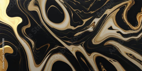 Modern Marble Design Inspired by Nature’s Ocean Patterns in Black and Gleaming Gold, Black Marble Surface with Golden Veins and Ocean Flow