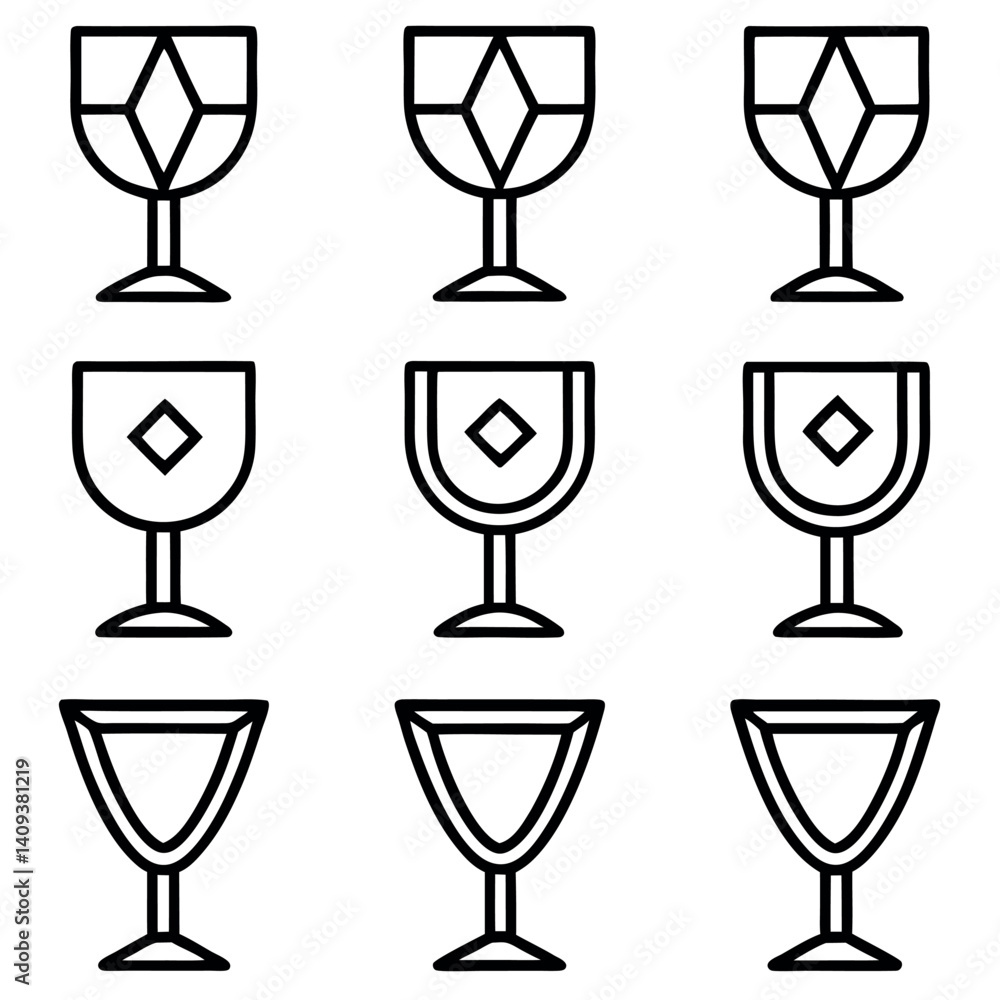 Simple Black Line Art Goblet Icon Set for Drinkware and Celebration Designs Simple Black Line Art Goblet Icon Set for Drinkware and Celebration Designs