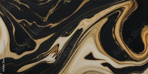 Modern Marble Design Inspired by Nature’s Ocean Patterns in Black and Gleaming Gold, Black Marble Surface with Golden Veins and Ocean Flow