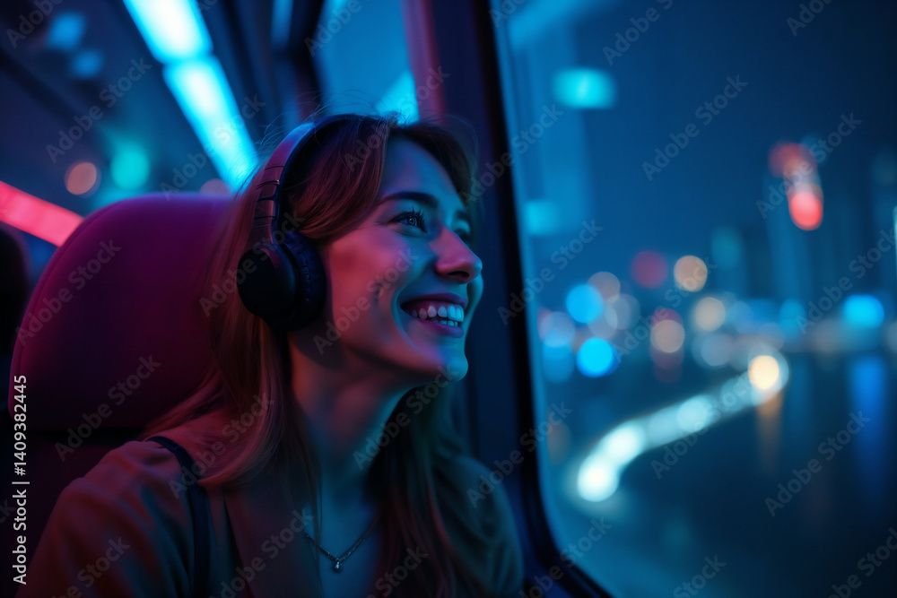Obraz premium happy girl in headphones rides sky train, listens to music and looks at night city street in illumination and street lights