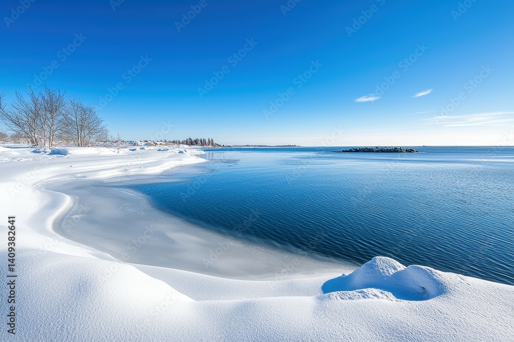 Fototapeta premium Beautiful winter landscape with snowy shores and calm blue waters.