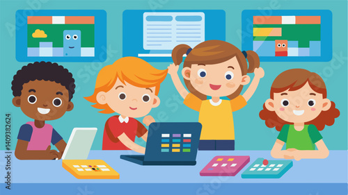 A classroom full of children excitedly chatter as they use their coding and circuit building skills to create a working calculator on their laptops.. Vector illustration