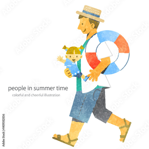 夏を喜ぶ女の子とお父さん　カラフルで楽しい水彩風イラスト	
