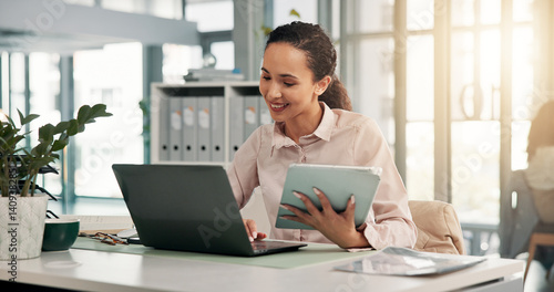 Tableau sur toile Finance, tablet or woman with laptop in office for financial record analysis, compliance verification or planning