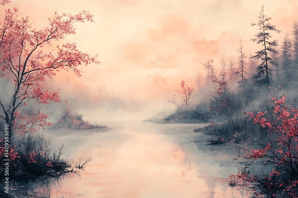 Naklejka premium Misty morning landscape with pink trees and fog.